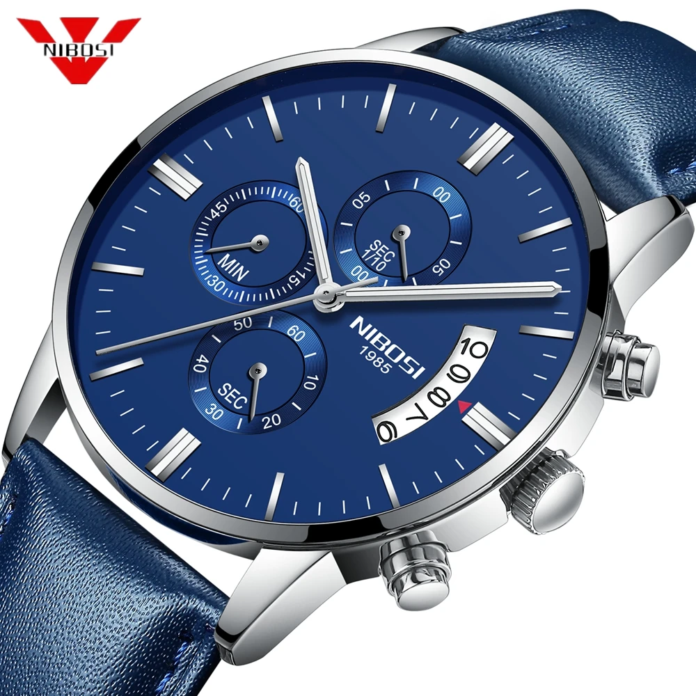 Синие мужские часы NIBOSI с хронографом водонепроницаемые спортивные военные