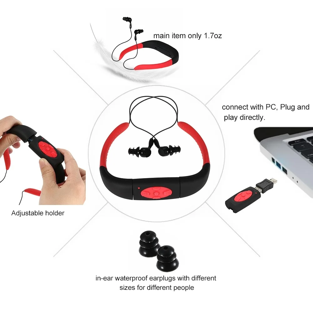 8GB IPX8 Waterproof Sport MP3 with FM Earphone Audio Headset Music Player Neckband Stereo Headphone for Diving Swimming | Электроника