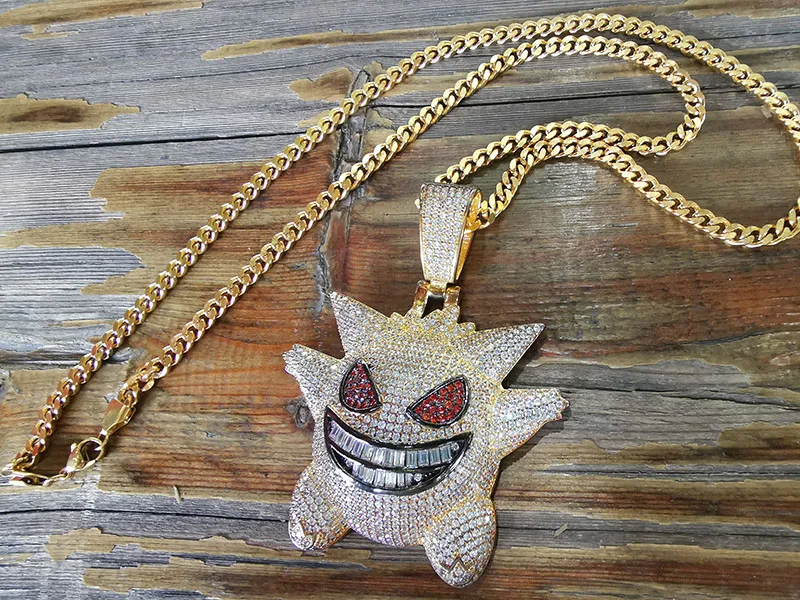 Новое поступление большая маска покемона Gengar кулон ожерелье для мужчин хип-хоп AAA CZ Циркон Bling Ice Out Rapper ювелирные изделия фиолетовый золотой серебряный