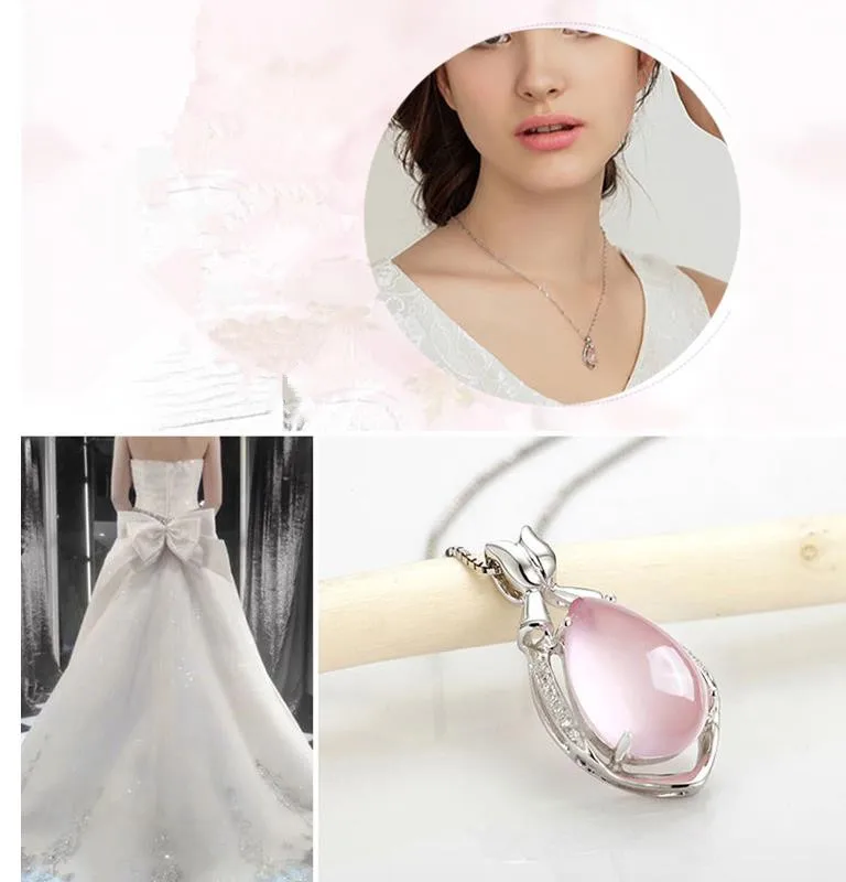 

TJP Top Quality 925 Sterling Silver Pendants Necklace For Women Wedding Party Cute Girl Pink Crystal Stones Necklace Jewelry Hot