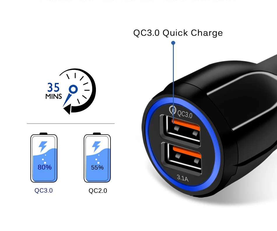 Быстрая зарядка 3,0 Автомобильное зарядное устройство для iPhone samsung XiaoMi Dual USB светодиодный светильник автомобильное зарядное устройство Быстрая зарядка мобильный телефон Универсальный
