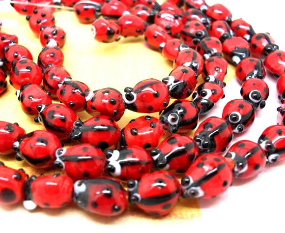60 шт. Красная божья коровка Lampwork стеклянные бусины модные для браслета 11x8 мм J1943