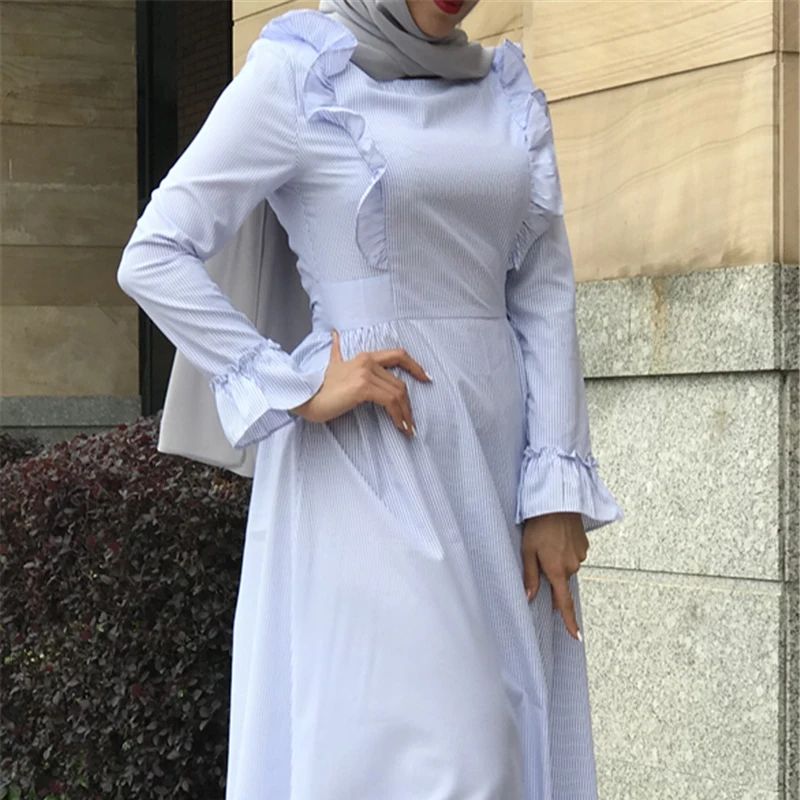 Плюс Размер Vestido Longo Robe Femme Ete ОАЭ Абая, для мусульман ислам кафтан оборками Полосатый Макси Bodycon платье хиджаб женская одежда