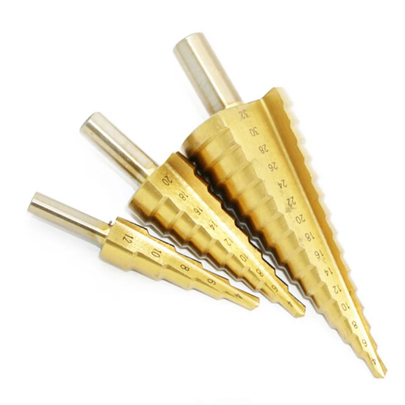 

Steel Large Step Cone Titanium Coated Metal Drill Bit Cut Tool Sets Hole Cutter 4-12mm/4-20mm/4-32mm HSS 4241 Sets Drilling