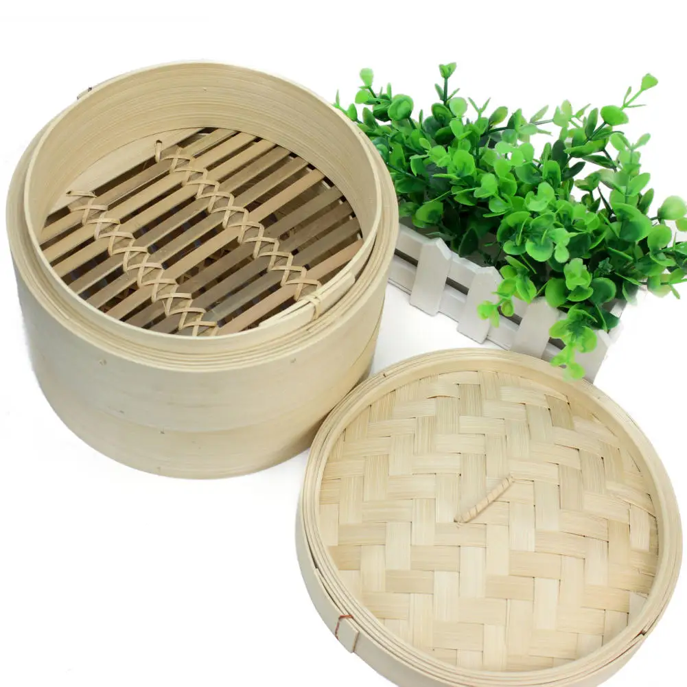Пароварка из бамбука 2 уровня с паровыми корзинами и крышкой|bamboo steamer|dim sum2 tier bamboo