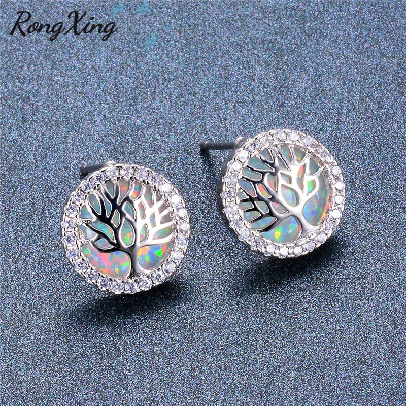 RongXing, мистические круглые радужные серьги-гвоздики дерево, 925 пробы, серебро, заполненные цирконием, Синий/Белый огненный опал, серьги Ear0836