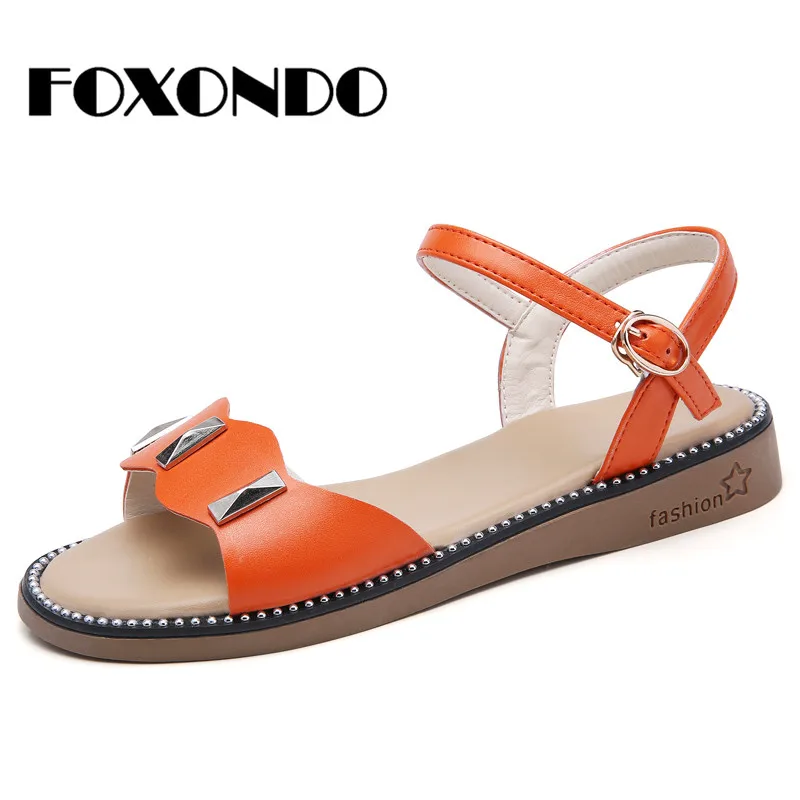 FOXONDO/2019 г. Новые летние женские сандалии кожаные на плоской подошве Босоножки