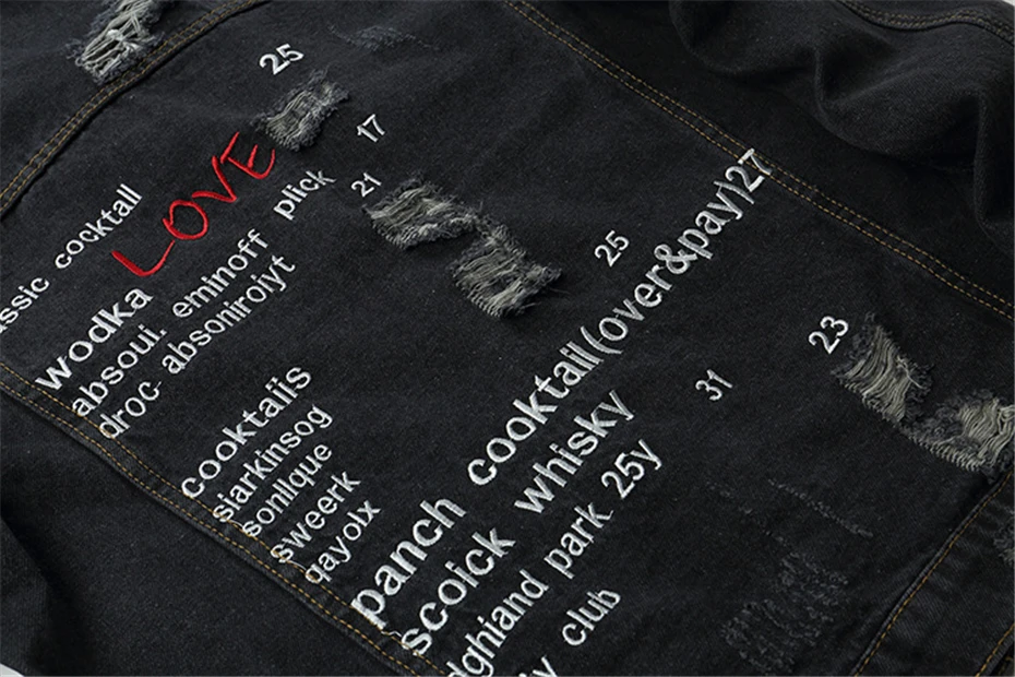 Hip Hop Denim Jackets Men Harajuku Letter Print Jeans Jacket Coat Mens Hole Destroyed Jeans Jackets Streetwear Black WG352