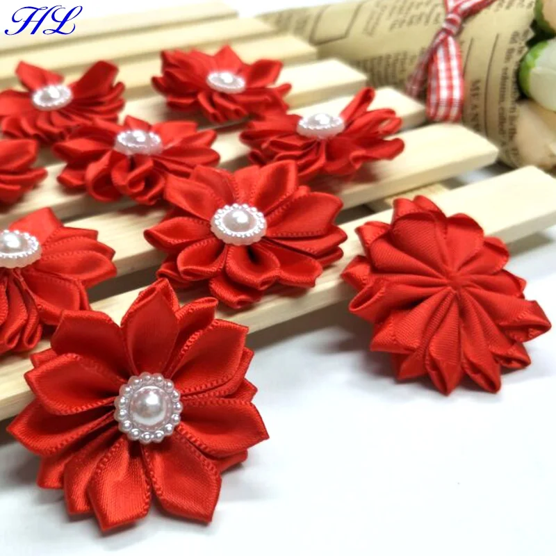 HL 20pcs 35mm Red ribbon pearl flower handmade flowers wedding decorations DIY sewing appliques garment hair accessories A115  Дом и