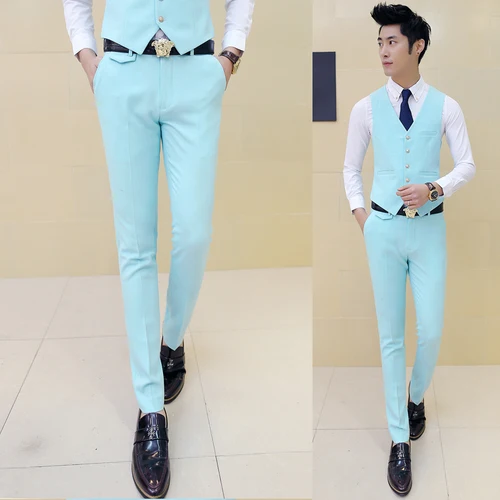 Light blue Мужские белые нарядные брюки, мужские обтягивающие облегающие брюки, белый мужской костюм, Мужские штаны, классический дизайн, брендовые, красные, черные, 10 цветов - Цвет: Light blue