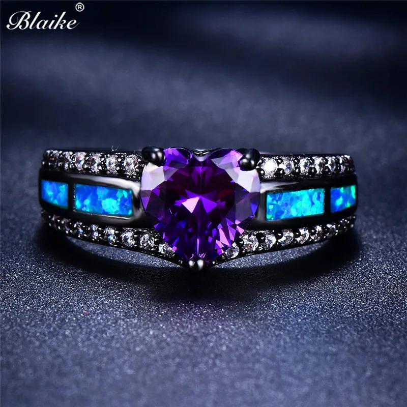 Blaike Aqua Blue/Шампанское/зеленый/розовый, красный/оливковый зеленый/Фиолетовый Сердце Циркон Кольца для женский, черный gold Filled Обручение ювелирные изделия