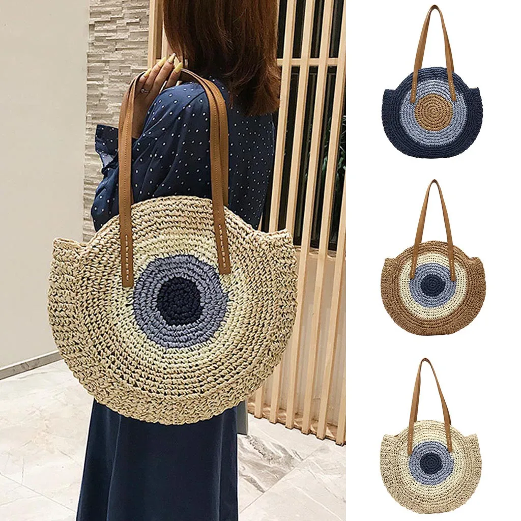 

OCARDIAN Casual Style Bali Vintage Handmade Crossbody Bag Round Beach Bag Girls Circle Rattan bag Big Bohemian Shoulder bag J24