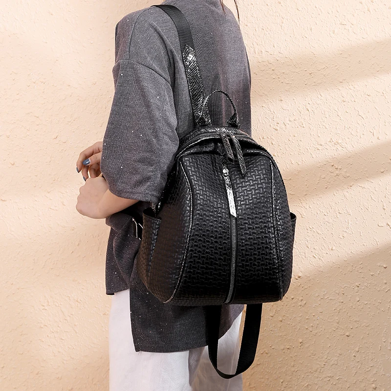 Backpack female 2019 new large capacity woven pattern fashion pu soft leather student bag travel quality | Багаж и сумки