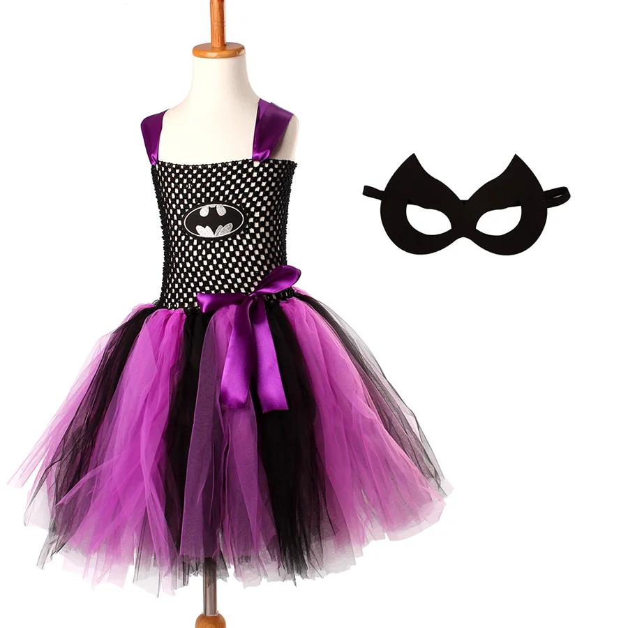 Bat Man Superhero Girls Tutu Dress with Mask Children Halloween Cosplay Costume Girl Kids Tulle Party Vestidos | Детская одежда и