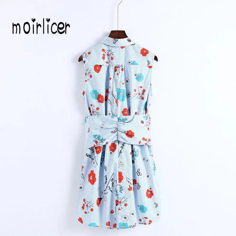 Moirlicer Women sweet butterfly flower print shirt dress sashes sleeveless turn down collar summer ladies casual dresses vestido | Женская