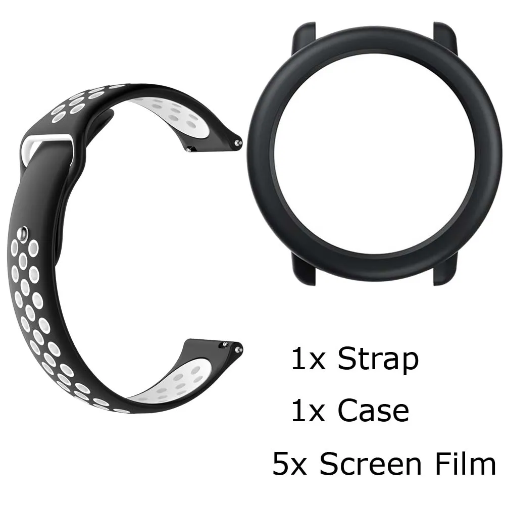 7/лот для Xiaomi Huami Amazfit Pace ремешок для часов браслет силиконовый Pulsera Correa Band защитный чехол Защитная пленка для экрана - Цвет: BlackWhite-BlackCase