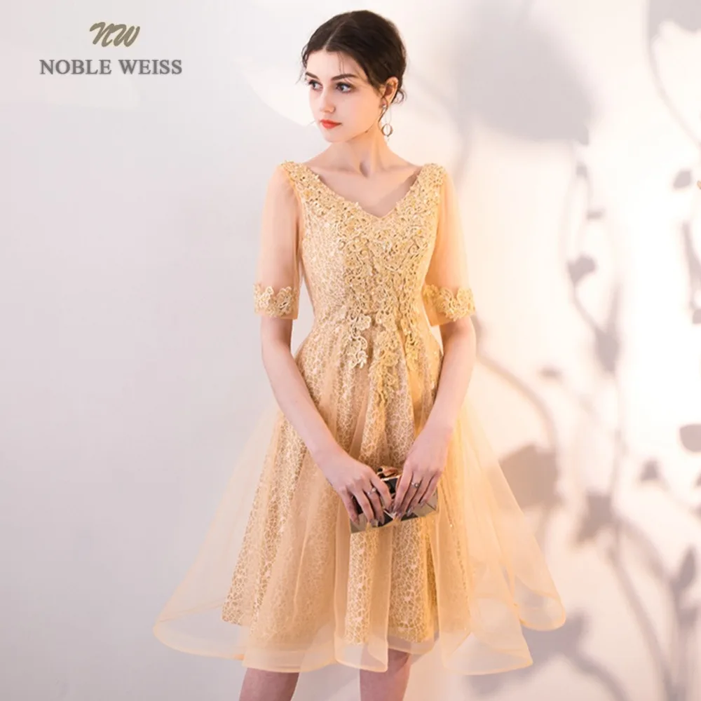 Благородный WEISS золото выпускные платья аппликации из кружева Бисер платье с v