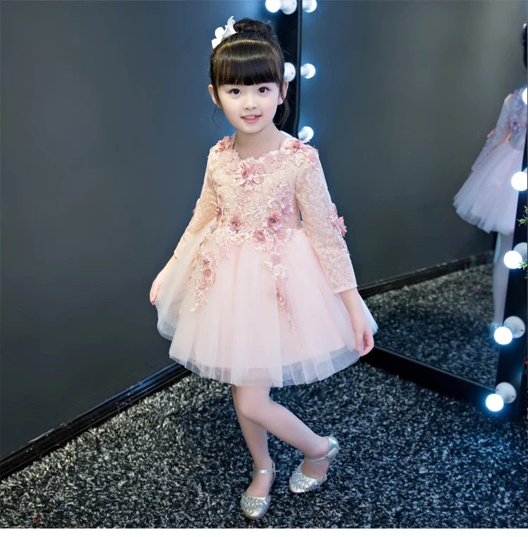 2017 Long Sleeve Flower Girls Dresses For Wedding Pink Lace Girl Formal Birthday Party Dress Princess Gown Kids Autumn Vestido | Детская