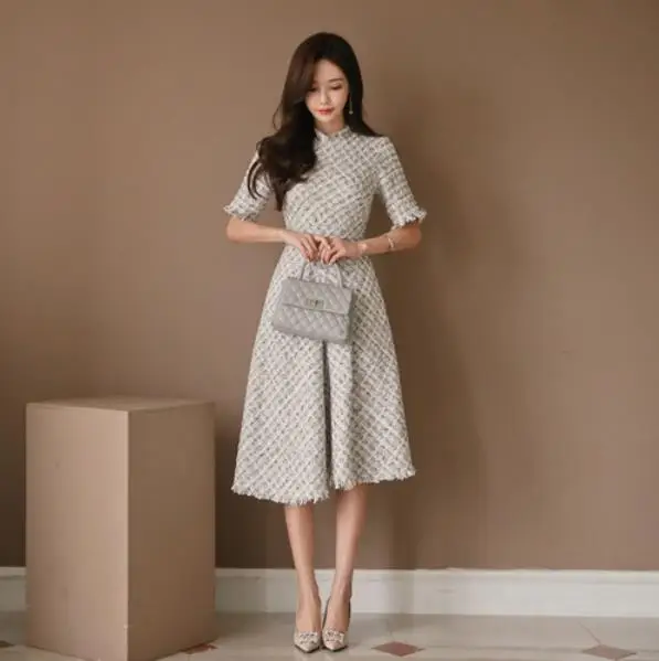2019 Elegant Office Women Dress Tweed Vintage Short Sleeve Tassels Tunic Retro Lady Evening Party Midi Swing LM59 | Женская одежда