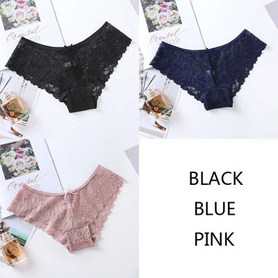 black blue powder JERRINUT 3 шт. кружевные прозрачные трусики женские сексуальные трусики брифы высокое качество хлопок низкая талия Бесшовные трусики нижнее белье для женщин - Цвет: black blue powder