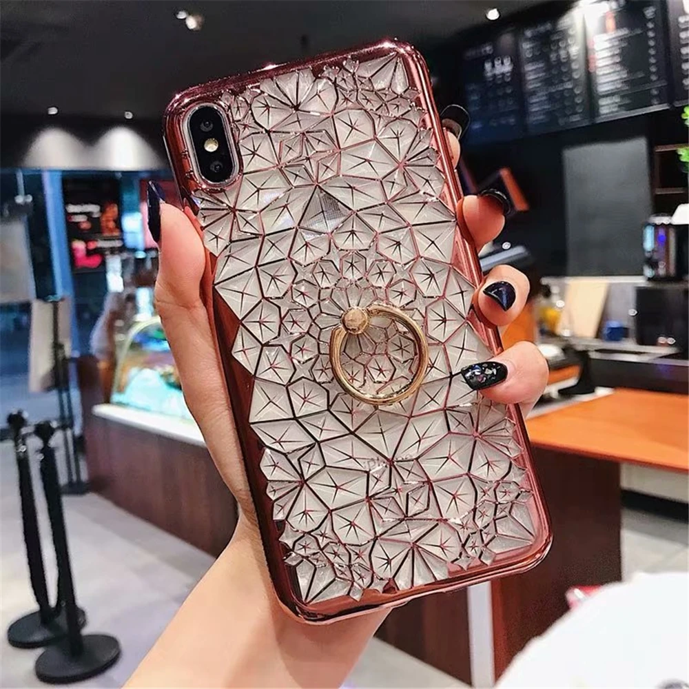 for iPhone Xs Max XR X Case Luxury 3D Soft Ring Capa 5 5S SE 6 S 8 7 Plus Silicon Glitter Rhinestone Stand Cover | Мобильные