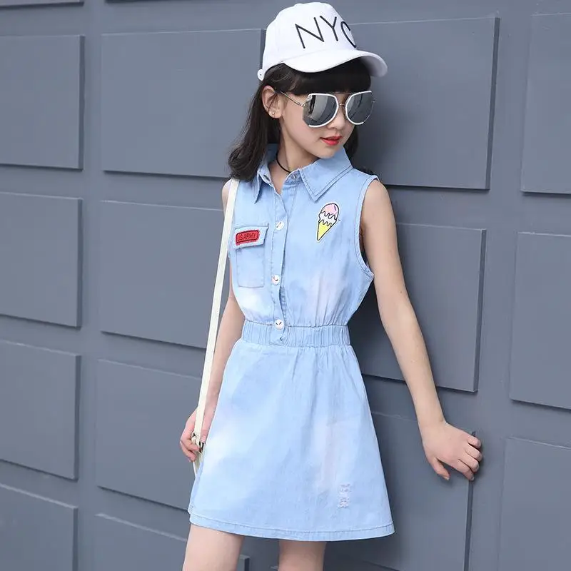 Washed Denim Girls Dress 2018 New Summer Sleeveless Kids Dresses for 5 6 7 8 9 10 11 12 13 14 Year Teens Children Clothing | Детская