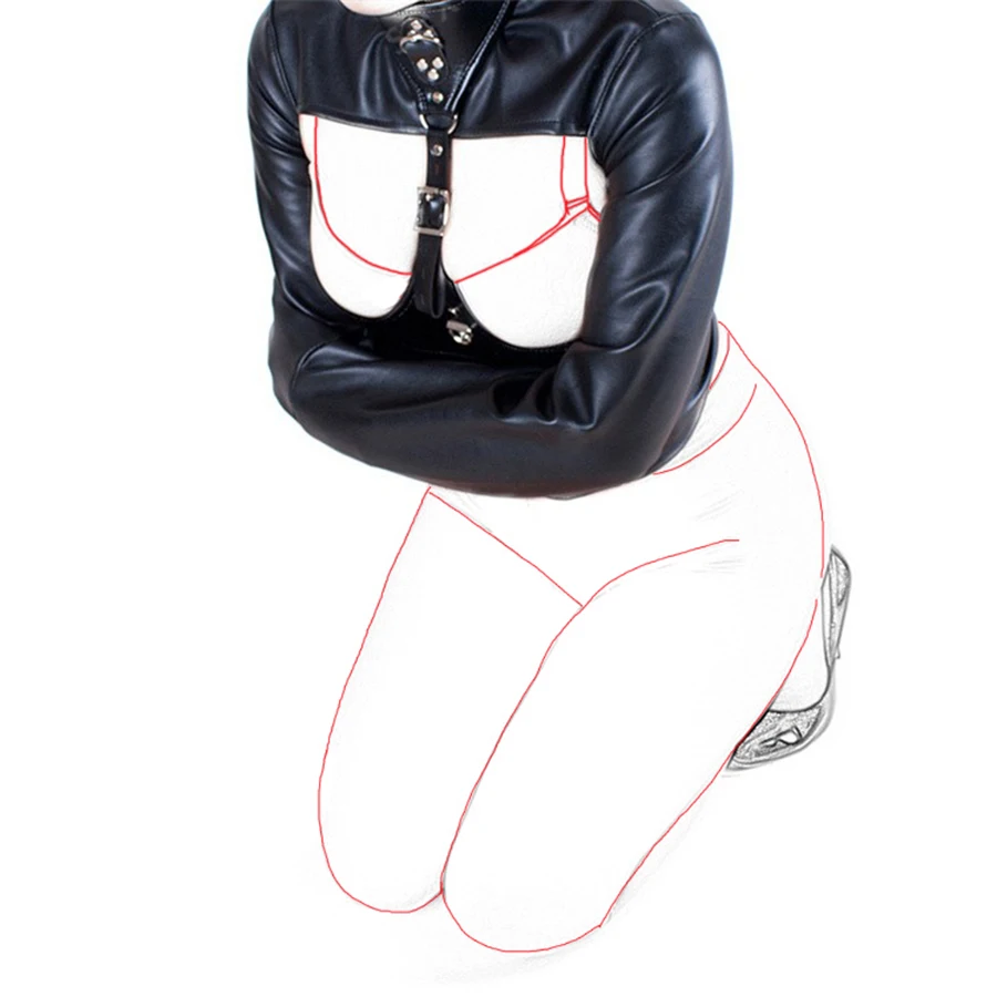 Кожа Премиум прямолинейная куртка Torso и руки Связывание ограничители Женская