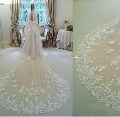 

Tulle Lace Appliqued Wedding Veils Cathedral Length 3 Meter Bridal Veil with Comb Wedding Accessories Custom Made