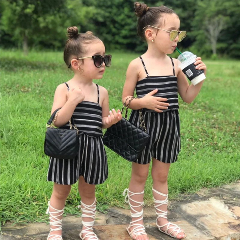 Новинка модный детский летний комбинезон для девочек в полоску с принтом модная