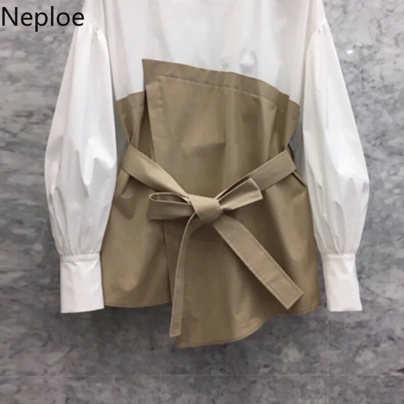 Neploe/корейские модные блузки с длинными рукавами Лоскутная повязка Туника Топы женские Blusas женские шорты Свободного Покроя Новинка женская одежда