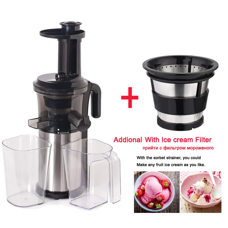 With Sorbet Strainer BPA FREE, 200 Вт, 40 об/мин, мастицирующая медленная соковыжималка, низкоскоростная шнековая соковыжималка для фруктов, овощей, холодного отжима, соковыжималка для фруктов из нержавеющей стали - Цвет: With Sorbet Strainer