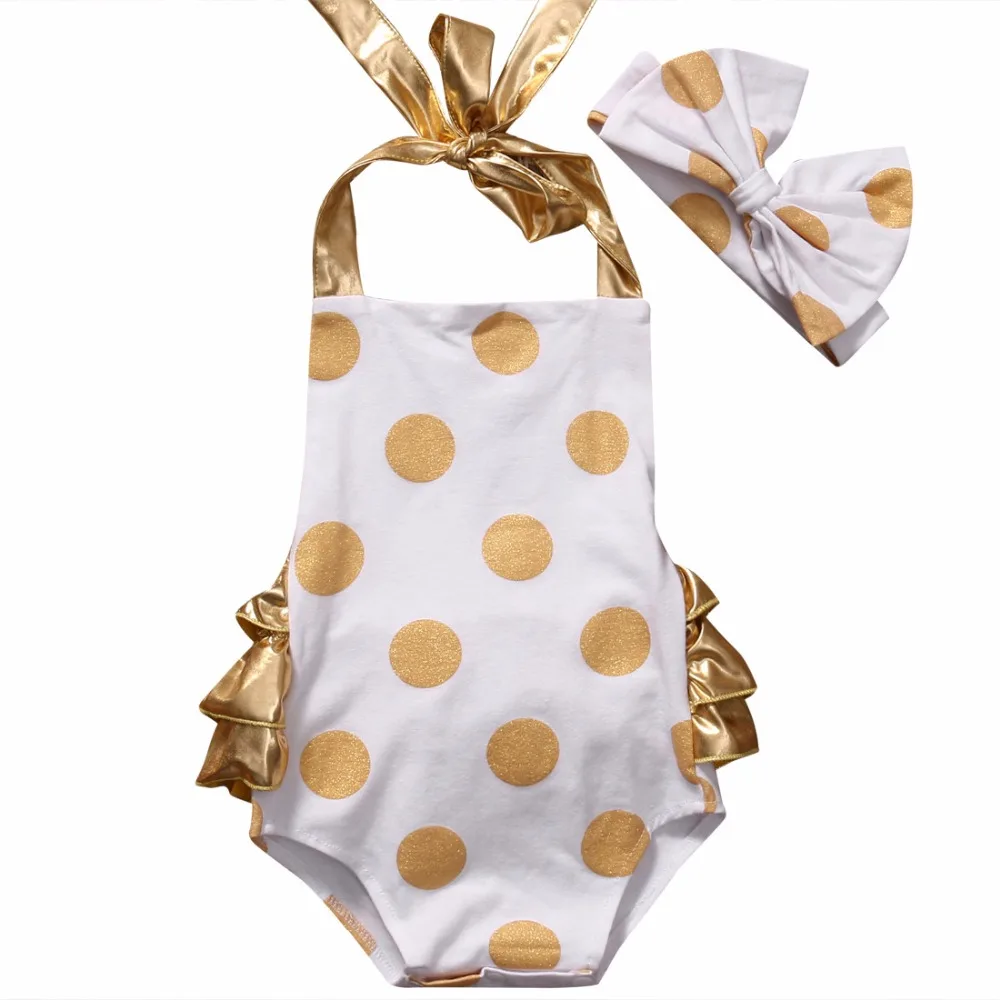 Летний комбинезон для 0 2 лет с подтяжками и золотым узором в горошек повязка на