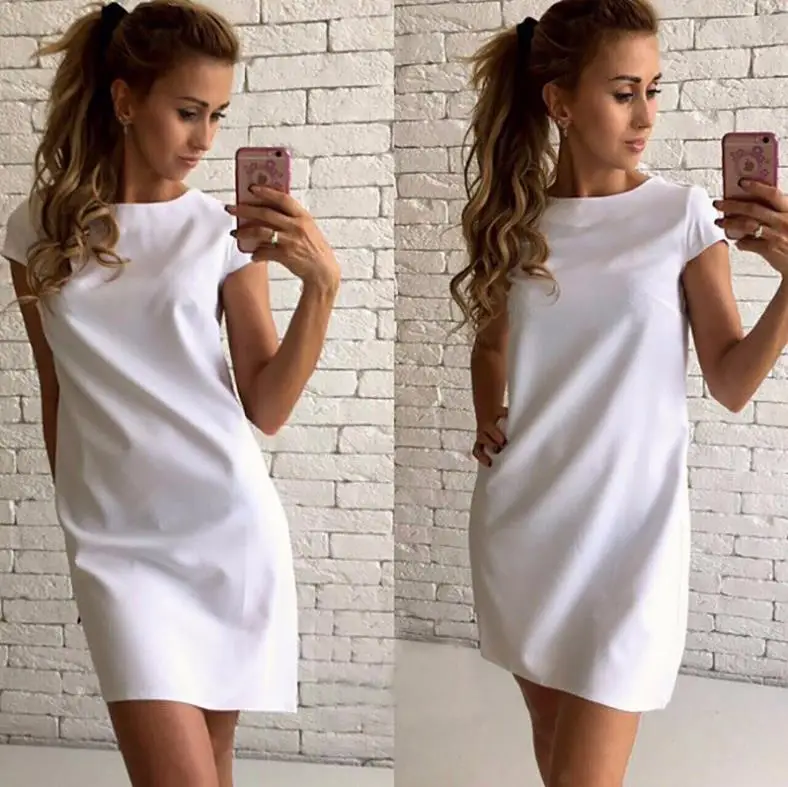 Летнее женское однотонное платье с коротким рукавом и круглым вырезом|neck dress|summer
