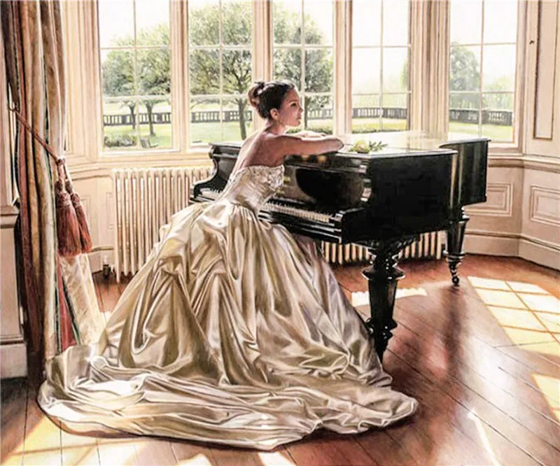 Искусство иглой Diy Diamond Painting Девушка на фортепиано Крестиком Схемы вышивания полным сверлением Картина по номерам Квадрат/круг Продажа.