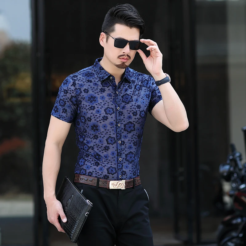 Новая летняя мужская прозрачная одежда рубашки с коротким рукавом сексуальные