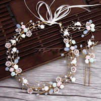 golden branches ceramic flower headband hairpins suit wedding tiara hair decoration for brides wedding hair accessories