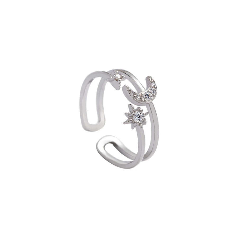 925 Sterling Silver Double Layer Starry Moonlight Ring Open Exquisite CZ Zircon Moon Stars White Gold S925 Women Wedding | Украшения и