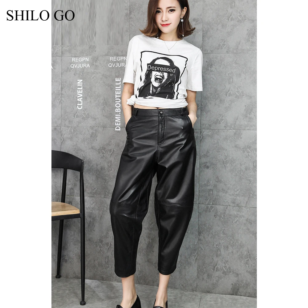 SHILO GO кожаные брюки женские осенние модные овчины штаны из натуральной кожи на пуговицах на молнии черные лаконичные свободные шаровары