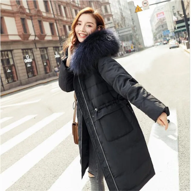 2018 Большая куртка на утином пуху с натуральным меховым воротником зимнее пальто