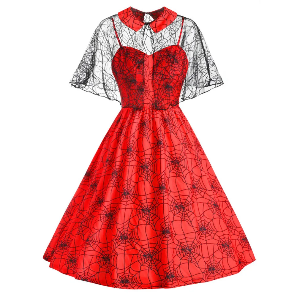 Модное женское винтажное платье без рукавов с принтом паутина на подтяжках и