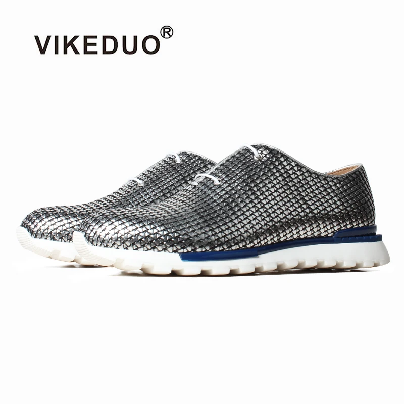 

VIKEDUO Summer Casual Sneakers Men Wowen Leather Silver Sports Shoe Luxury Handmade Driving Footwear Breathable Zapato de Hombre