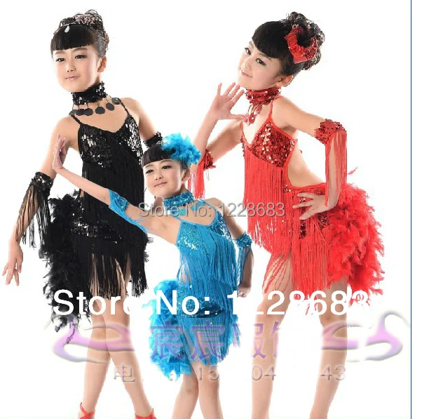 

New Children Kids Sequin Feather Fringe Stage Performance Competition Ballroom Dance Costume Latin Dance Dress For Girls