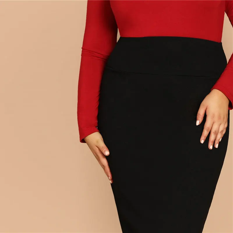 SHEIN Однотонная Юбка Размера Плюс Женская Черная Элегантная Миди-Юбка