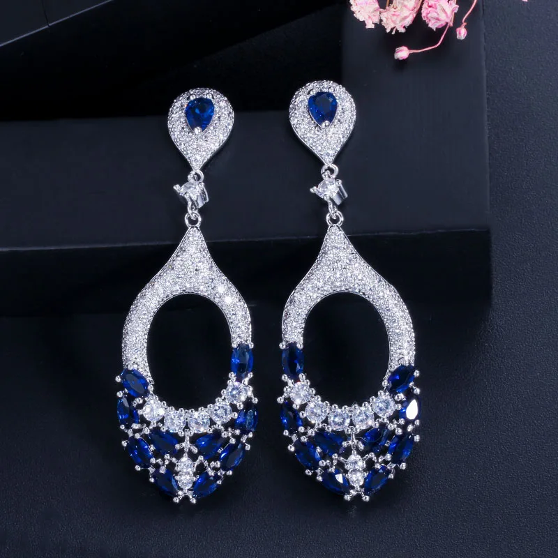 blue CWWZircons Элегантный Королевский синий зеленый кубический цирконий камень для женщин длинные висячие Висячие обручение Свадебная вечеринка серьги ювелирные изделия CZ441 - Окраска металла: blue