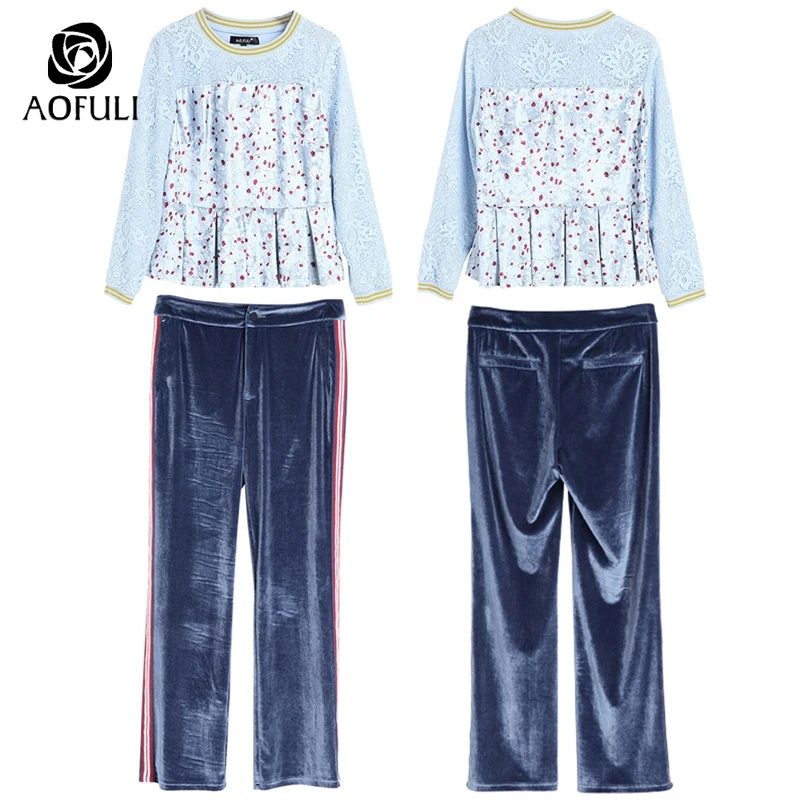 Size 4XL Женский велюровый брючный костюм комплект осенний полый кружевной