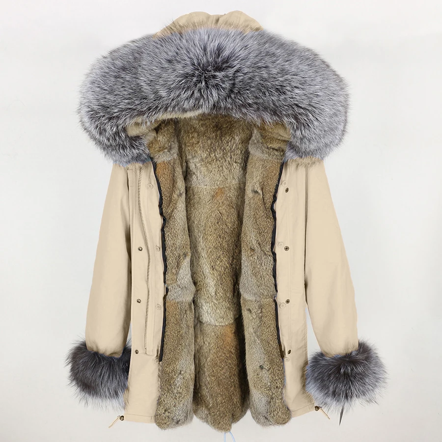 3 OFTBUY, пальто с натуральным мехом, зимняя куртка, Женская длинная парка, натуральный мех серебристой лисы, воротник с капюшоном, подкладка из натурального кроличьего меха, Толстая теплая брендовая - Цвет: 3
