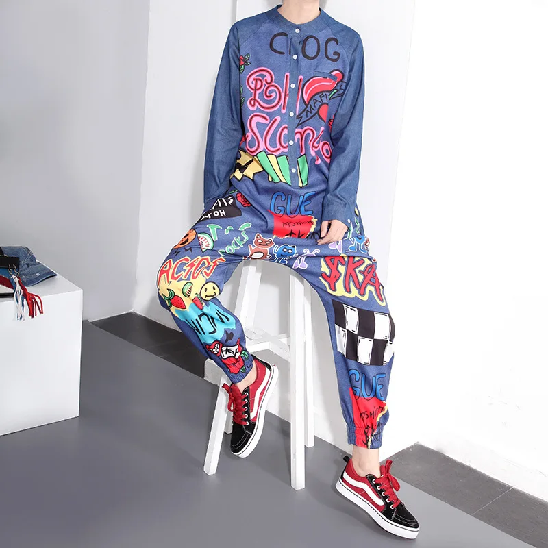 2017 осень-зима Для женщин комбинезон Комбинезоны для малышек граффити хип-хоп с