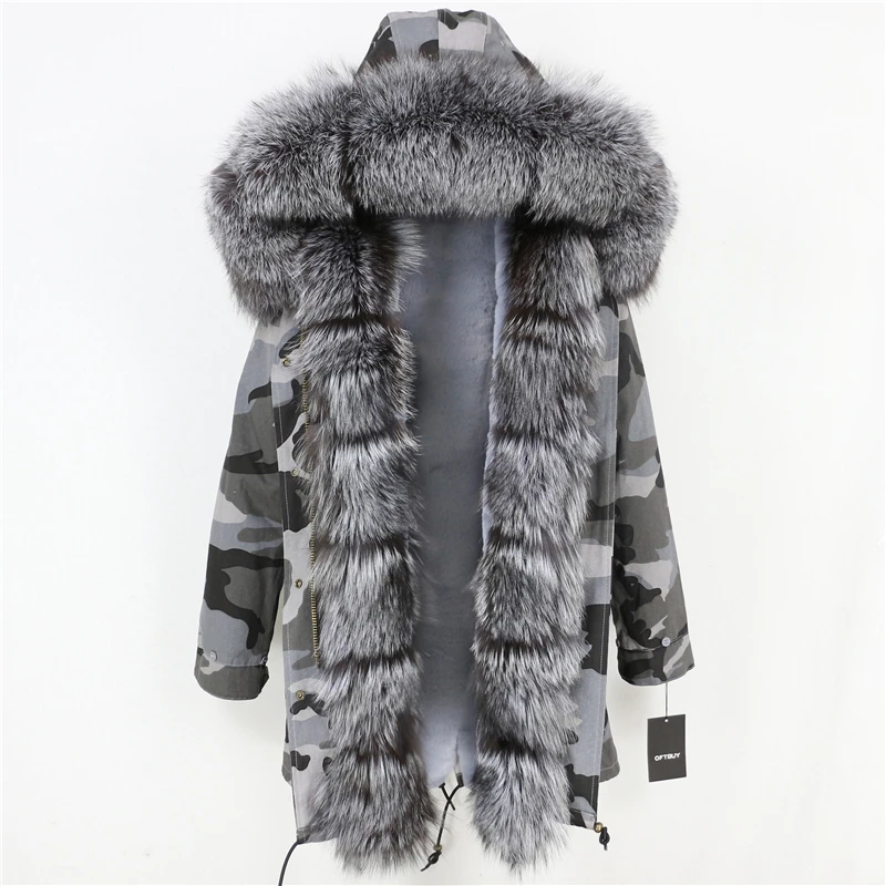 grey camo silver OFTBUY длинная парка, пальто с натуральным мехом, зимняя куртка для женщин, Воротник из натурального Лисьего меха, Толстая теплая брендовая Роскошная Съемная уличная одежда - Цвет: grey camo silver
