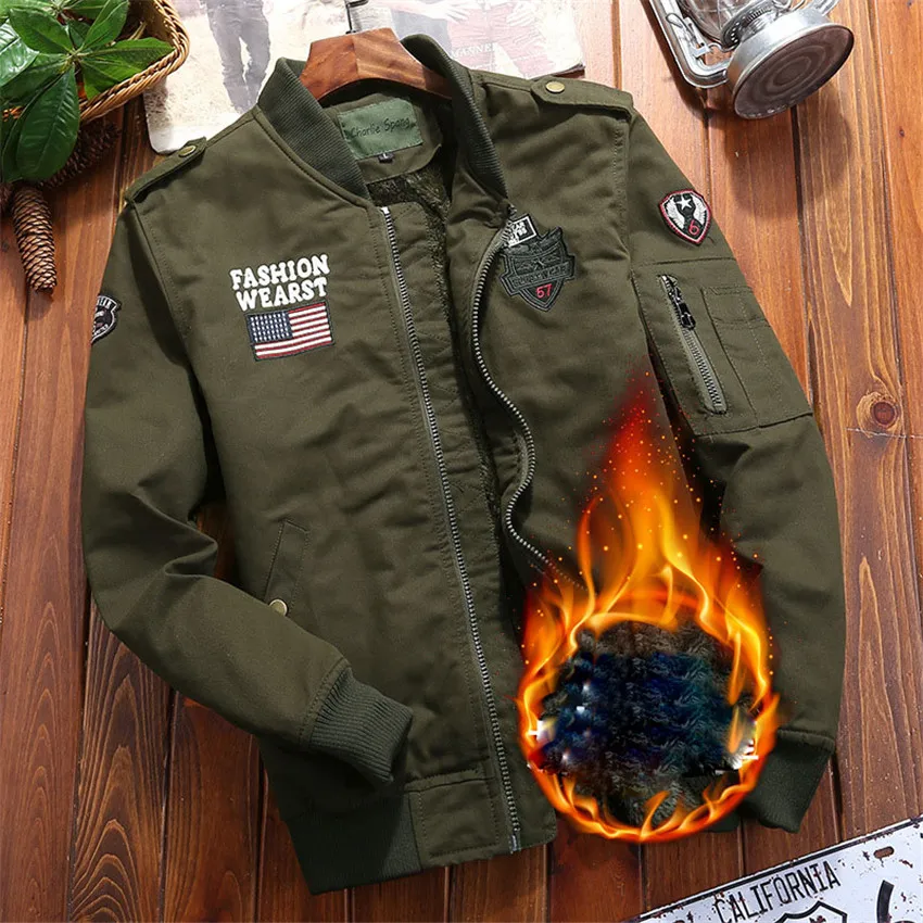 Pure cotton thickening fleece lining jacket men baseball style army green coats 2019 new autumn winter collection | Мужская одежда