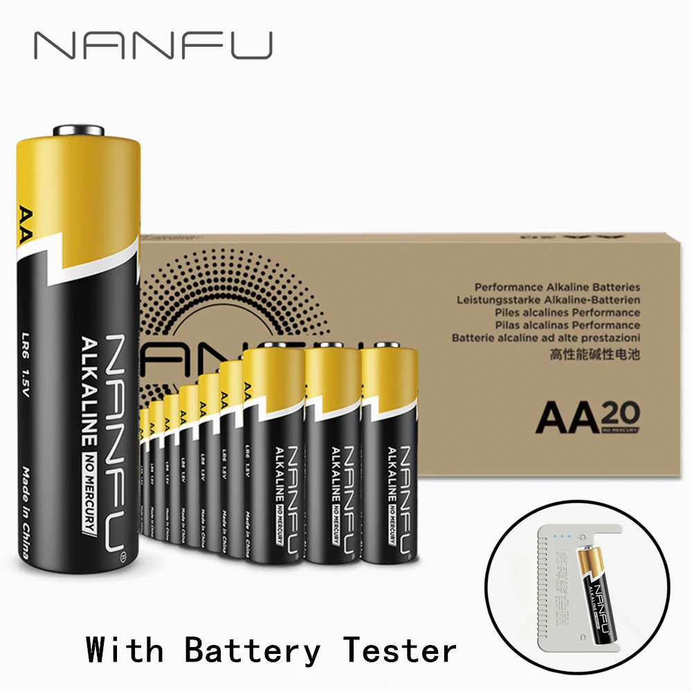 NANFU 20 шт. аккумулятор aa батарейки с батарея тестер 1.5 В щелочной аккумуляторы LR06 2a